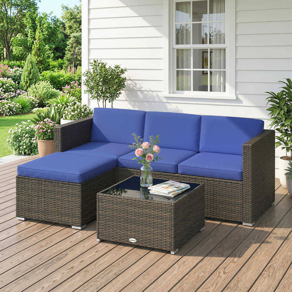 3-piece patio furniture set with cushions, woven PE rattan with glass coffee table