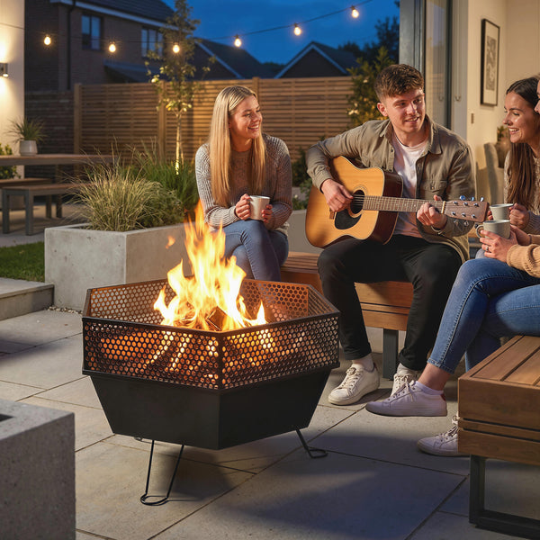 Outdoor Fire Pit 50 cm with Poker and Lid, Portable Fire Pit, Black