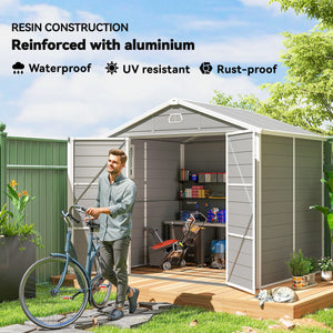 Plastic garden shed with latch door, ventilation, sloping roof, light grey