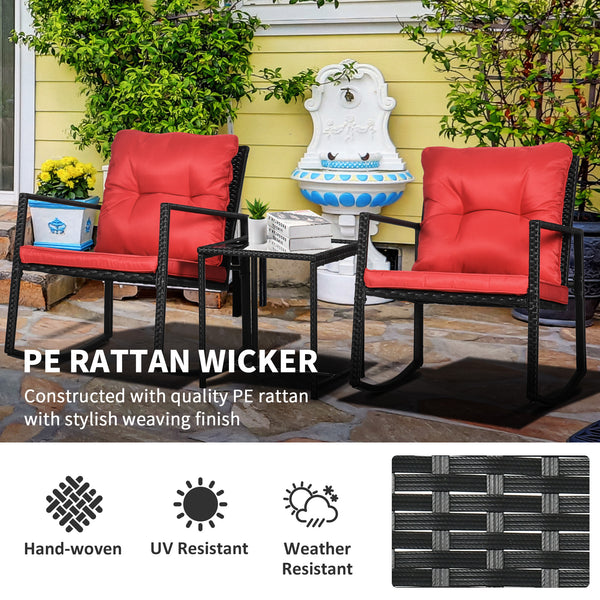 3-piece bistro set in woven resin with coffee table and rocking chairs, red