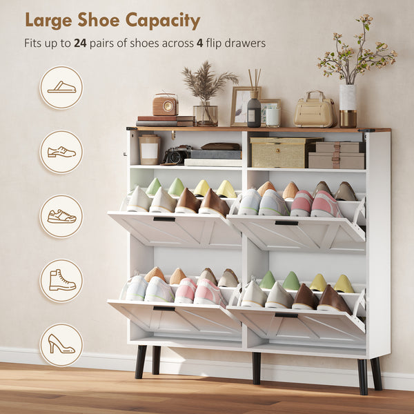 Shoe cabinet with 4 flip-down drawers, country style, narrow, holds up to 24 pairs, white
