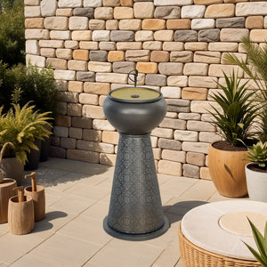 Outdoor Fountain with LED Lights, Adjustable Flow Garden Waterfall with Cutout Floral Base, Dark Gray and Yellow