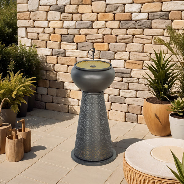 Outdoor Fountain with LED Lights, Adjustable Flow Garden Waterfall with Cutout Floral Base, Dark Gray and Yellow