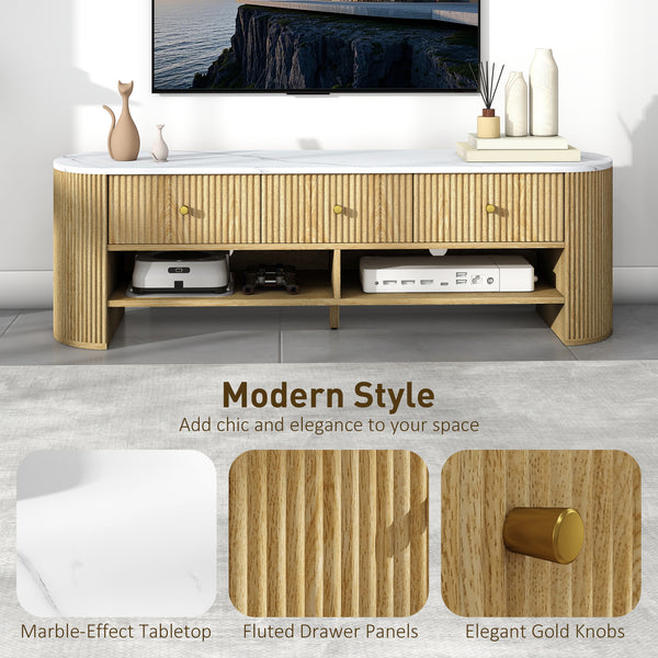 Modern TV cabinet with marble effect top, 3 drawers and 2 open shelves, natural