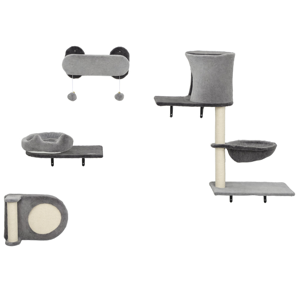 Wall-mounted cat tree with scratching post and cushion