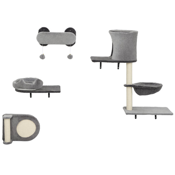 Wall-mounted cat tree with scratching post and cushion