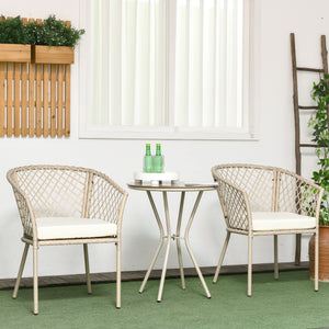 3-piece outdoor bistro set in PE rattan with seat cushions and glass table, beige