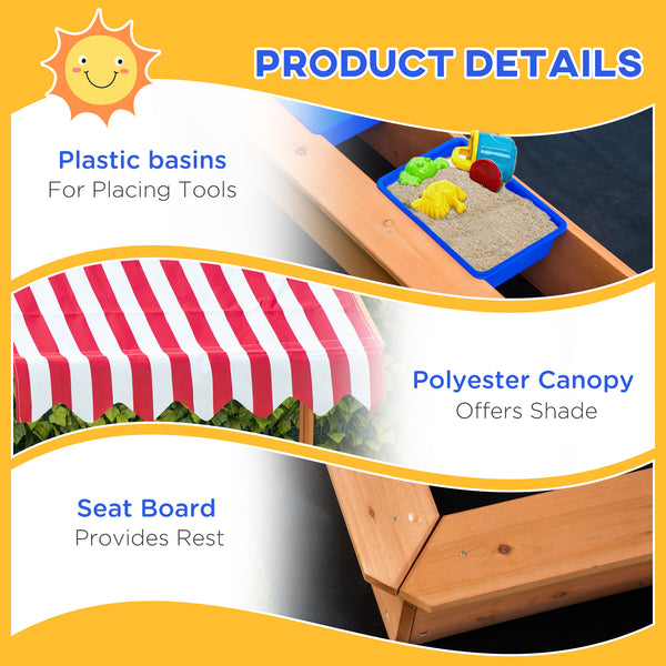 Wooden sandbox with height-adjustable lid, floor liner, seat and plastic trays