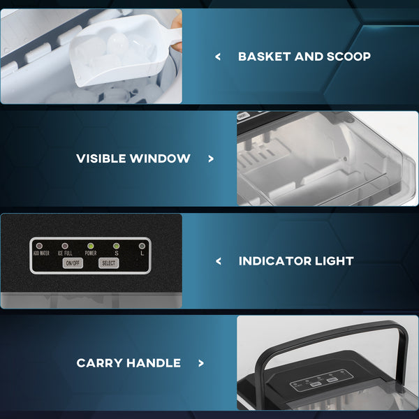 Portable ice maker, self-cleaning with 9 ice cubes ready in 6 minutes, 2 ice cube sizes