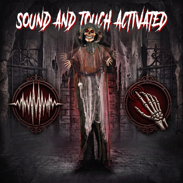 5.6-ft Animated Chained Reaper with LED Eyes, Sounds, and Motion – Black, White, and Brown
