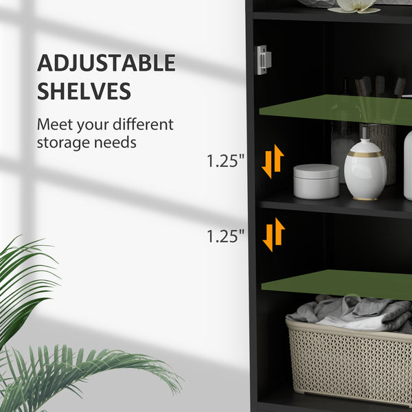 Tall Bathroom Storage Cabinet with Adjustable Shelf, 3 Open Shelves, Black