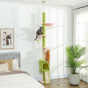 221-241cm Floor-to-Ceiling Cat Tree with Scratching Post, Condo &amp; Hammock, Green