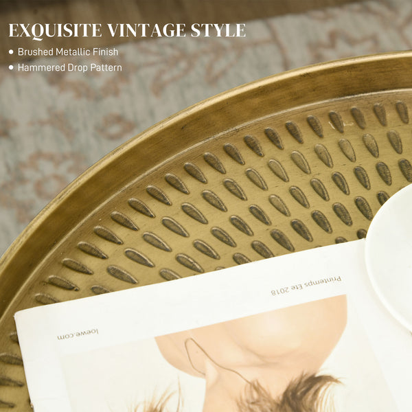 Vintage round coffee table with hammered top and metal frame, Gold