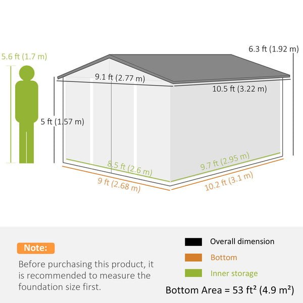 9' x 10.6' Garden Shed with Foundation Kit for Storage with Double Doors, Light Gray
