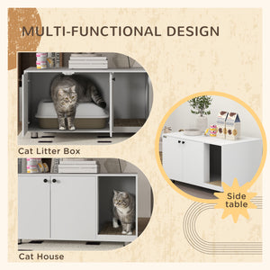 Litter box cabinet with double doors and integrated scratching post, white