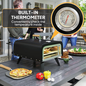 Outdoor Tabletop Gas Pizza Oven with 12" Stone and Peel, Portable Pizza Oven Maker with Thermometer, Foldable Legs, Handle, Gas Hose and Regulator, Black