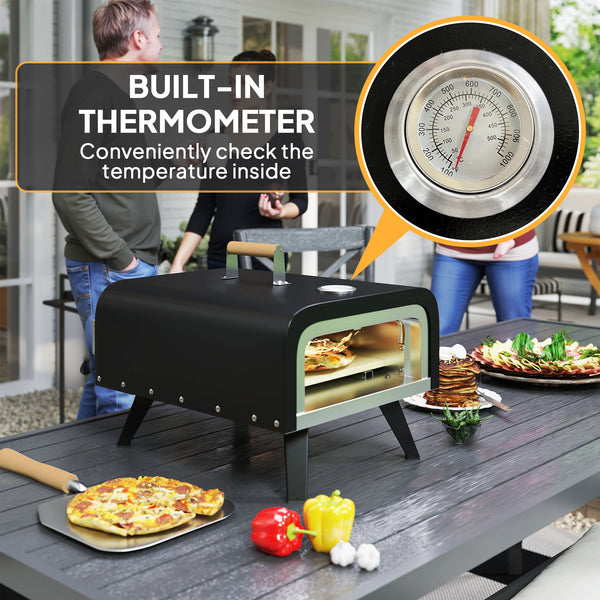 Outdoor Tabletop Gas Pizza Oven with 12" Stone and Peel, Portable Pizza Oven Maker with Thermometer, Foldable Legs, Handle, Gas Hose and Regulator, Black