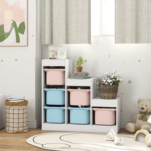 3-Tier Storage Shelf with 6 Plastic Bins, Blue and Pink