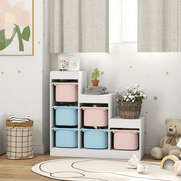 3-Tier Storage Shelf with 6 Plastic Bins, Blue and Pink