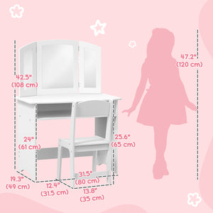 2-in-1 Dressing Table with Tri-Folding Mirror, Stool and Storage Shelf, White