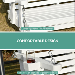 2-seater wooden porch swing with cup holder and chains, white