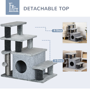 Cat stairs with scratching posts and ball toy, grey