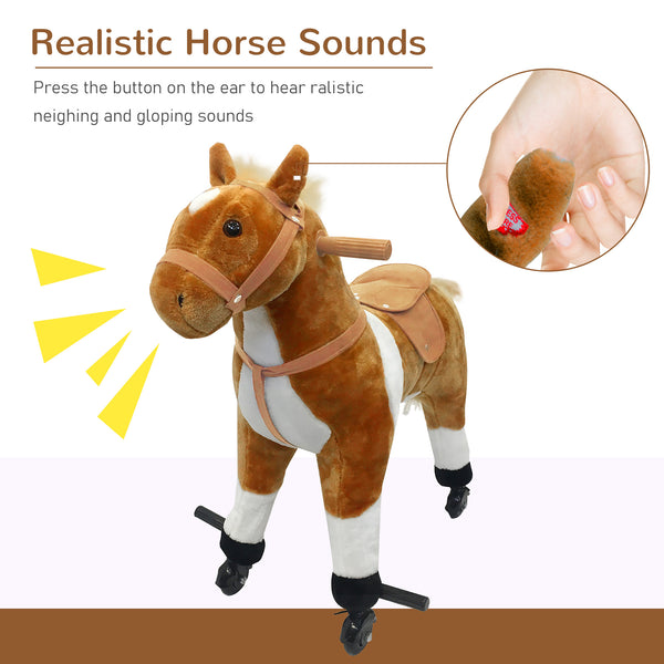 Rocking horse with sounds and wheels, brown