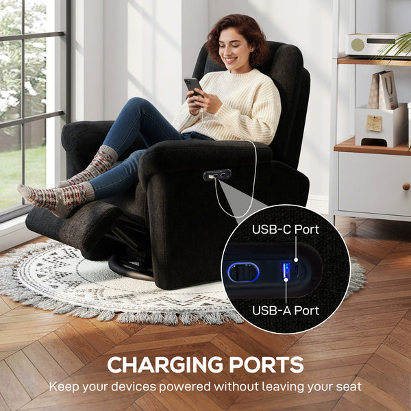 Electric reclining chair, fabric upholstery, USB ports, swivel and rocking function, footrest, black