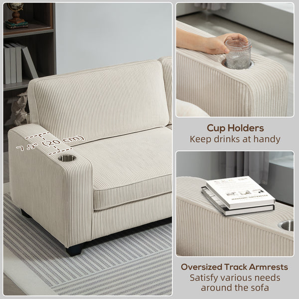 3 seater fabric sofa with spring cushion and cup holders, cream white