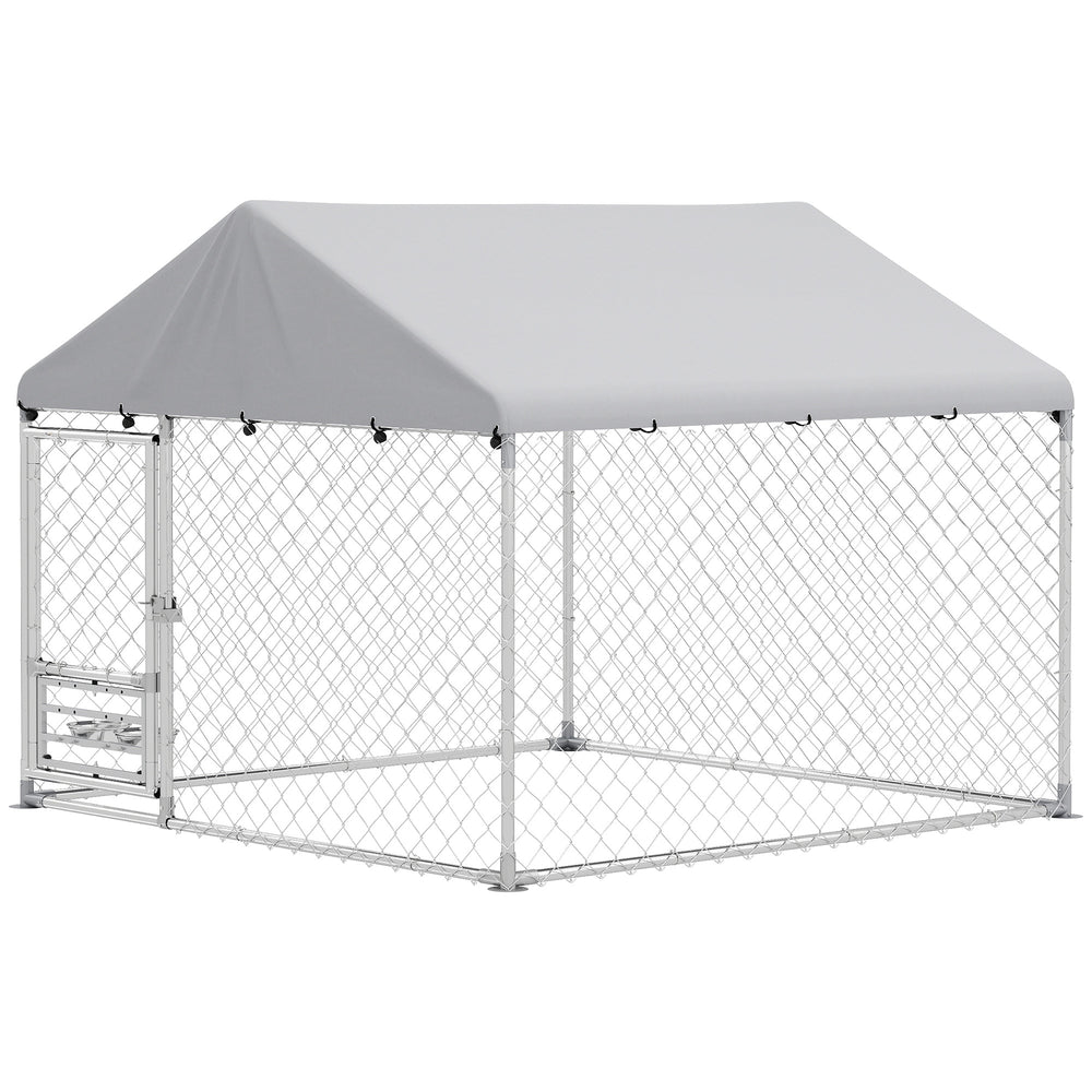 Outdoor dog kennel with adjustable and rotating bowls