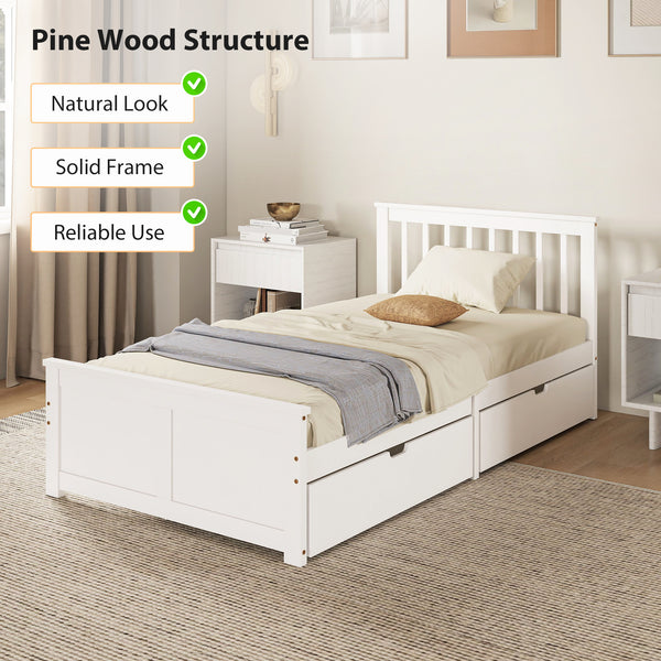 Pine Single Bed Frame with Storage and Drawers, White