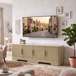 TV stand for TVs up to 60 inches, modern with fluted doors, oak finish
