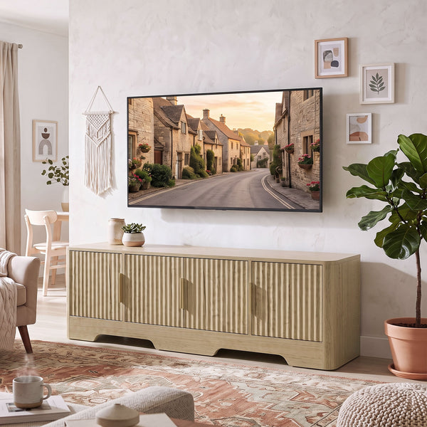 TV stand for TVs up to 60 inches, modern with fluted doors, oak finish
