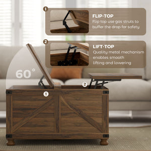 Country Style Lift Top Coffee Table with Hidden Compartment, Brown Wood Grain