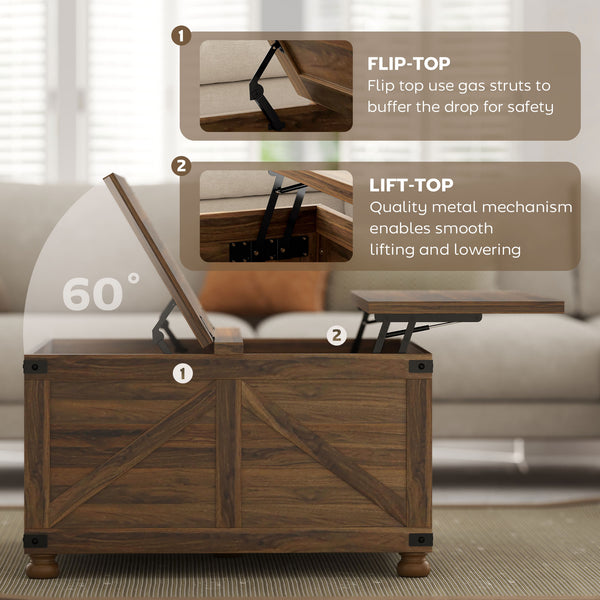 Country Style Lift Top Coffee Table with Hidden Compartment, Brown Wood Grain