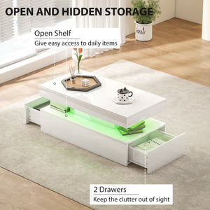 LED coffee table with 2 drawers and open shelf, glossy white