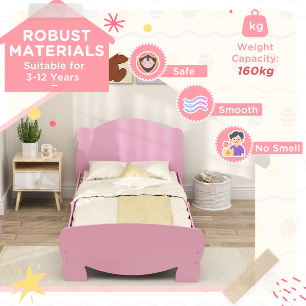 Children's bed frame with bear-shaped headboard and footboard, pink