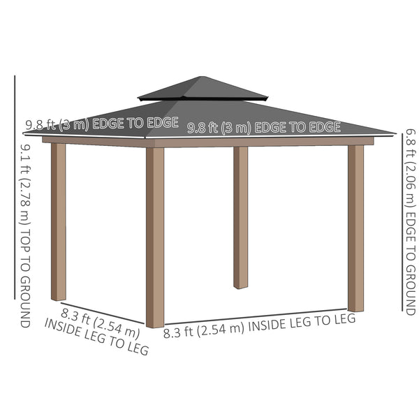 10 x 10 gazebo with double PC rigid roof, steel frame, netting and curtains