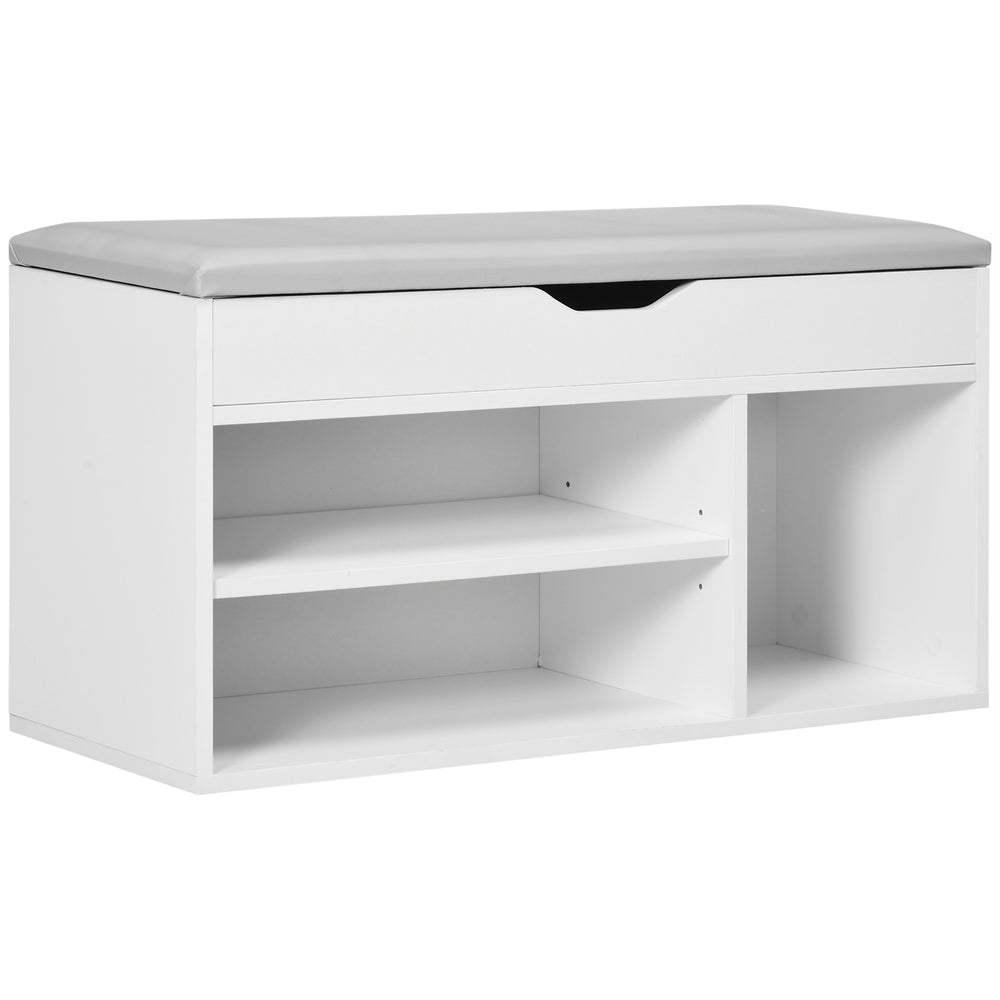 Shoe bench with padded cushion and hidden storage, white