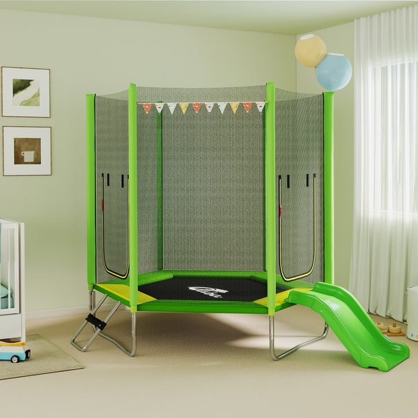 7-foot trampoline with safety net, ladder and slide, green