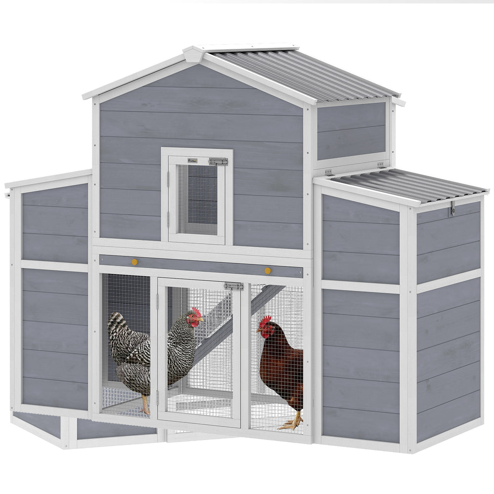 Wooden chicken coop with 2 nesting boxes, a pull-out tray, and a ramp