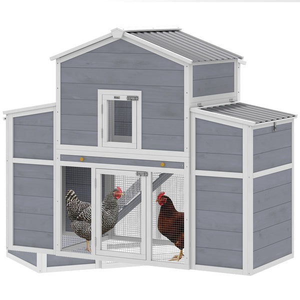Wooden chicken coop with 2 nesting boxes, a pull-out tray, and a ramp