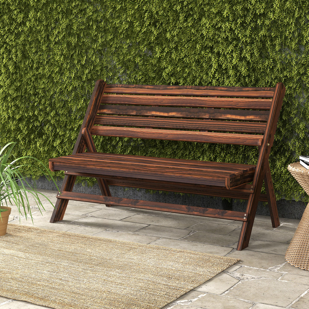 2-seater wooden outdoor bench with slatted back and seat, carbonized finish