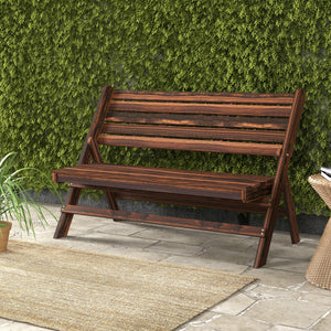 2-seater wooden outdoor bench with slatted back and seat, carbonized finish