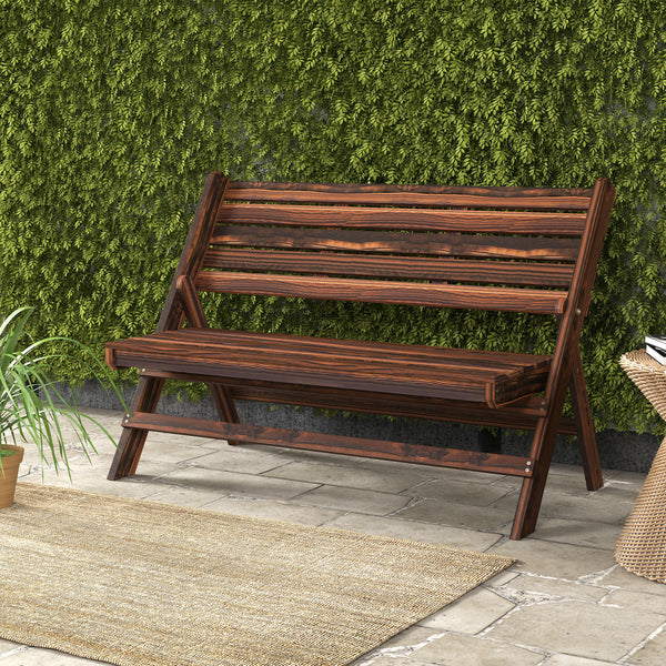 2-seater wooden outdoor bench with slatted back and seat, carbonized finish