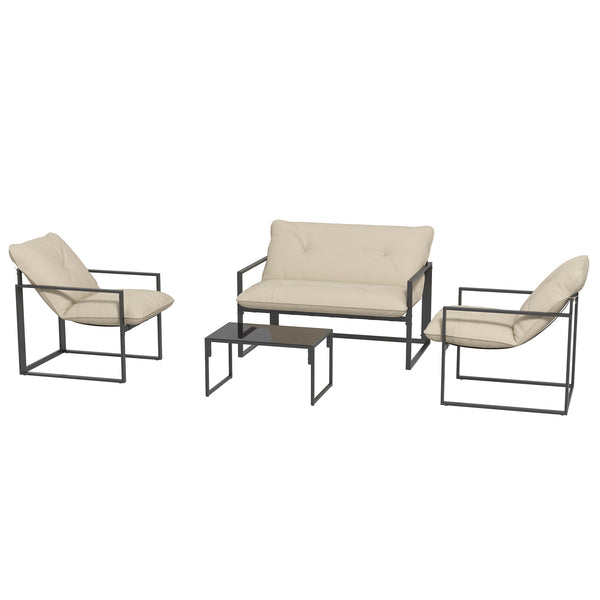 4 Piece Outdoor Furniture Set, Patio Conversation Set with Tempered Glass Table, Loveseat, 2 Chairs and Cushions, Beige