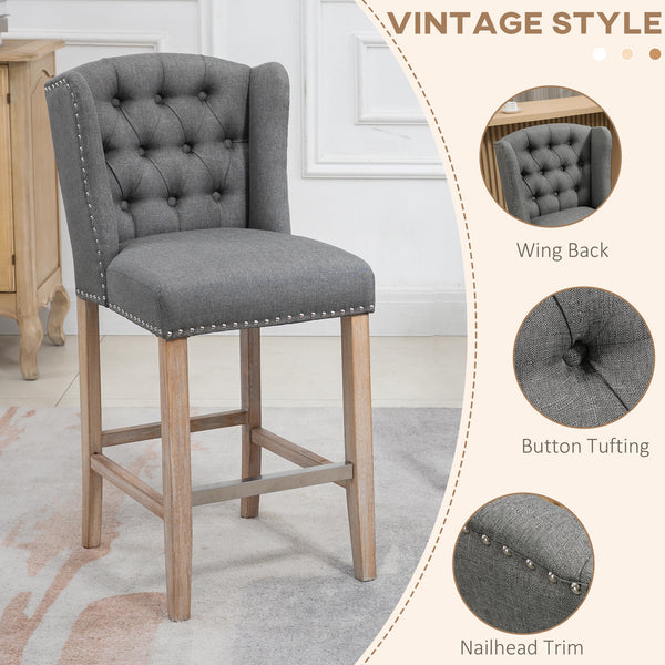 Set of 2 padded bar stools with studded backrest and footrest, grey