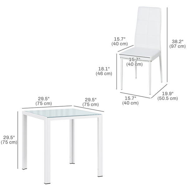 Glass Dining Table and Chair Set with Metal Frame and Faux Leather Upholstery, White