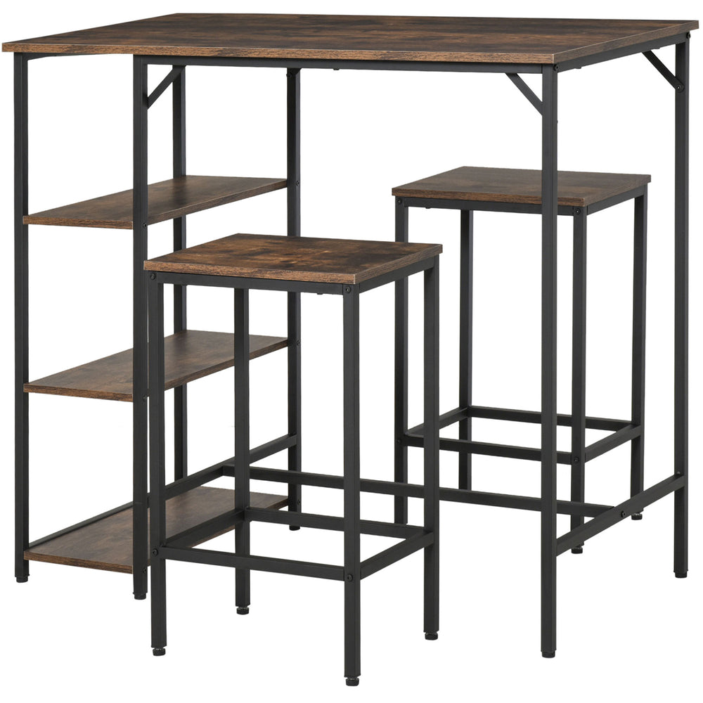 Industrial style kitchen table and chairs set for 2 people, including a bar table and stools, rustic brown.
