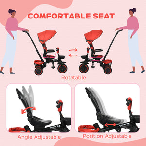 6-in-1 Folding Tricycle with Adjustable Seat, Safety Harness, Removable Canopy, Red